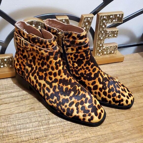 J. Jill Shoes - J. Jill Women's Melodie Tan Camel Leopard Print Calf Hair Zip Up Booties Sz 6.5